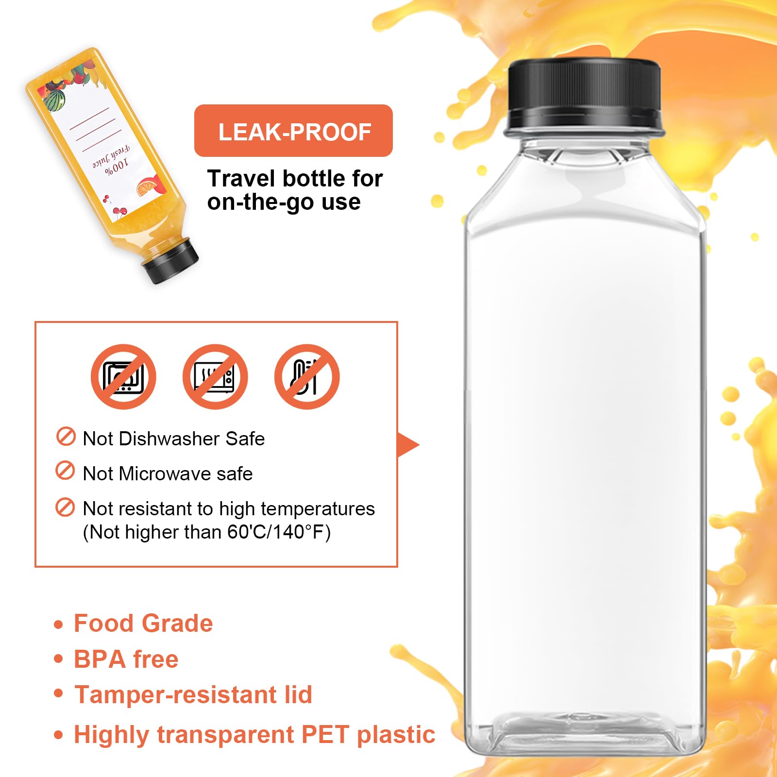 OBKJJ 80 botellas de jugo de plástico de 16 onzas, botella de jugo con tapas, botellas transparentes vacías reutilizables con etiqueta, embudo, cepillo, recipientes de bebidas a granel para jugos,