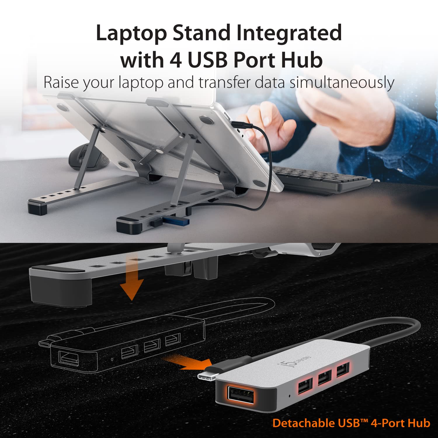 j5create Portable Aluminum Laptop Stand with USB 4-Port Hub, Foldable and Adjustable Notebook Riser with 4 USB-A Ports for MacBook, Laptop, and Tablet up to 16