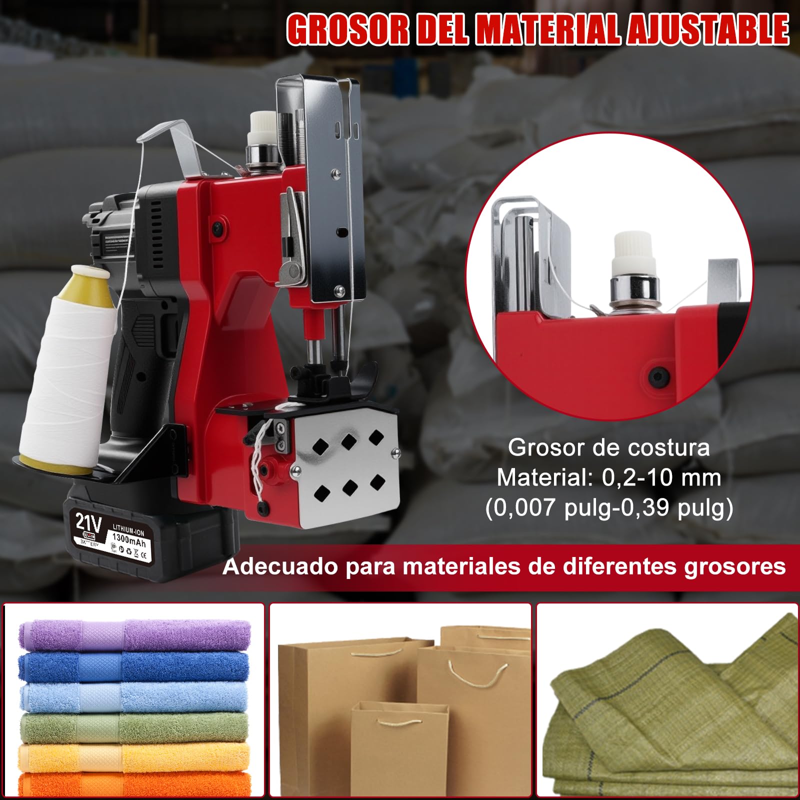 Máquina de Coser Bolsas Eléctrica, 21V maquina coser sacos portatil de Mano con 2 baterías 1300mAh, 210W Selladora Eléctrica Sacos inalámbrica, grosor 0.2-10 mm, para sacos tela saco arenas saco yute
