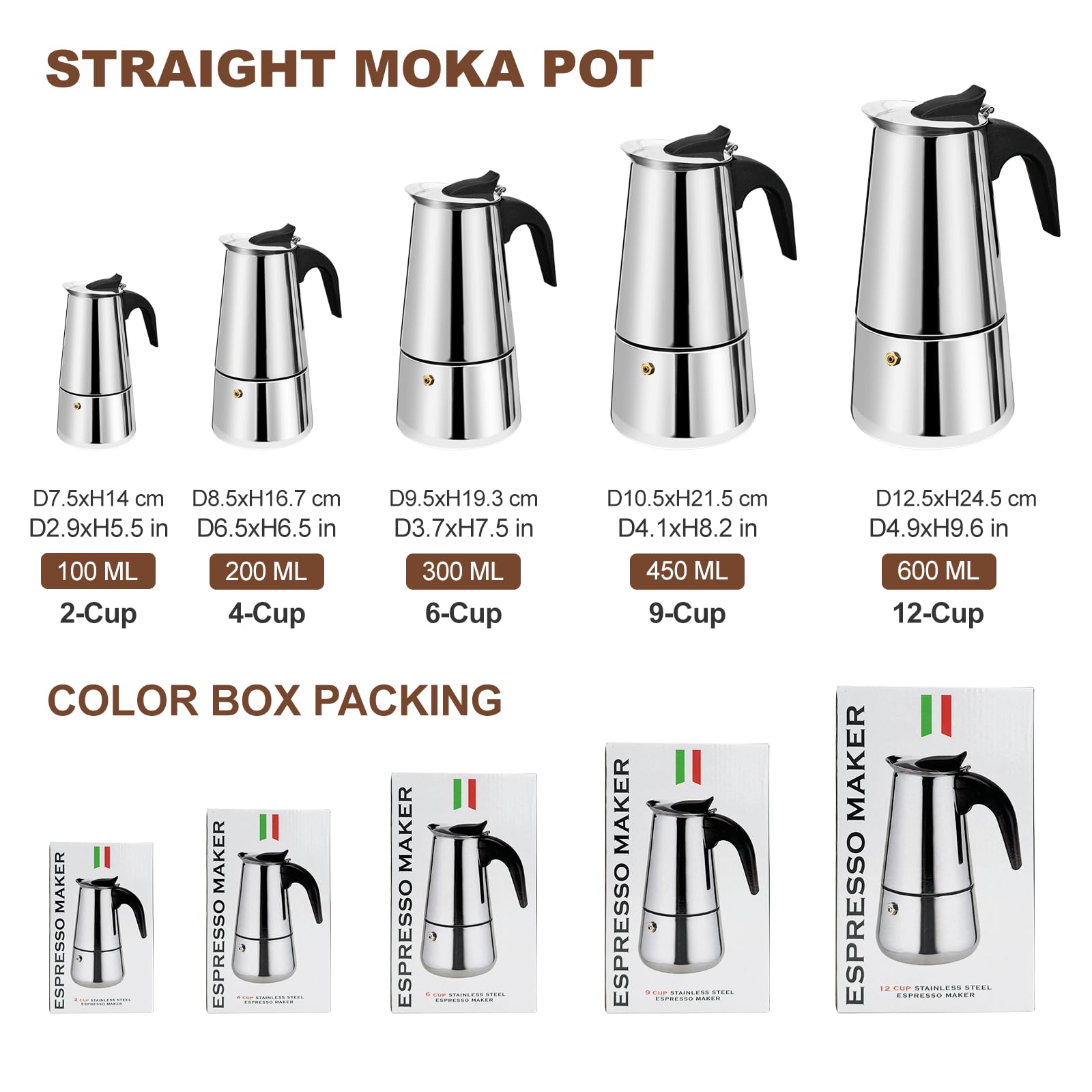 Cafetera Espresso de 9 Taza de Acero Inoxidable Moka Pot Cafetera Espresso Percoladora Cafetera Italiana Capaz Cafetera Moka Cafe Classic Maker Para el Hogar y Camping 450ml 15oz