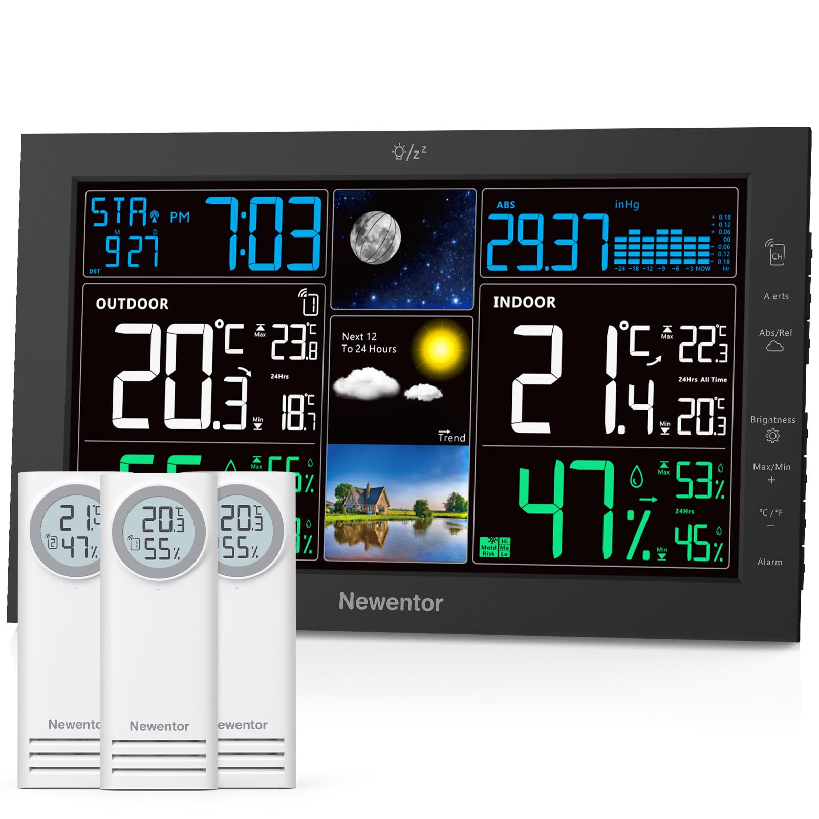 Newentor Wetterstation Funk mit Außensensor, Schwarz, 3*Außensensoren