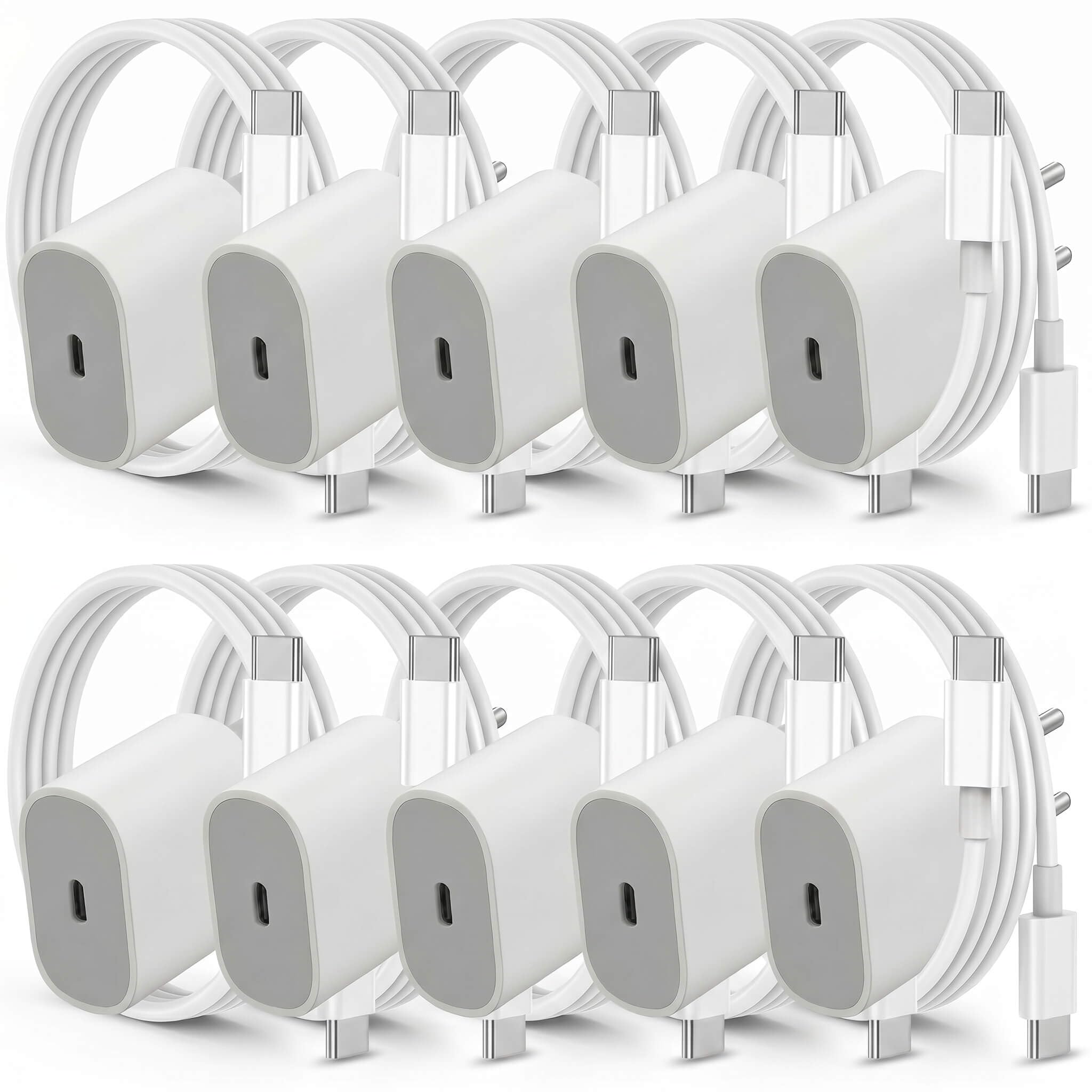 Caricabatterie USB-C da 25 W con cavo 1 m, confezione da 10, ricarica rapida PD/PPS, bianco compatto, compatibile con iPhone (17/16/15), Samsung Galaxy (S25/S24/S23/S22), Google Pixel, Huawei