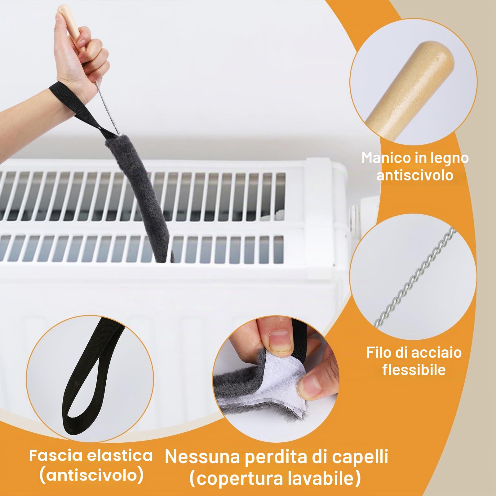 Spazzola per la pulizia del radiatore, con chiave di sfiato, spazzola per riscaldamento lunga 120 cm, in microfibra, la preparazione ideale per la stagione di riscaldamento