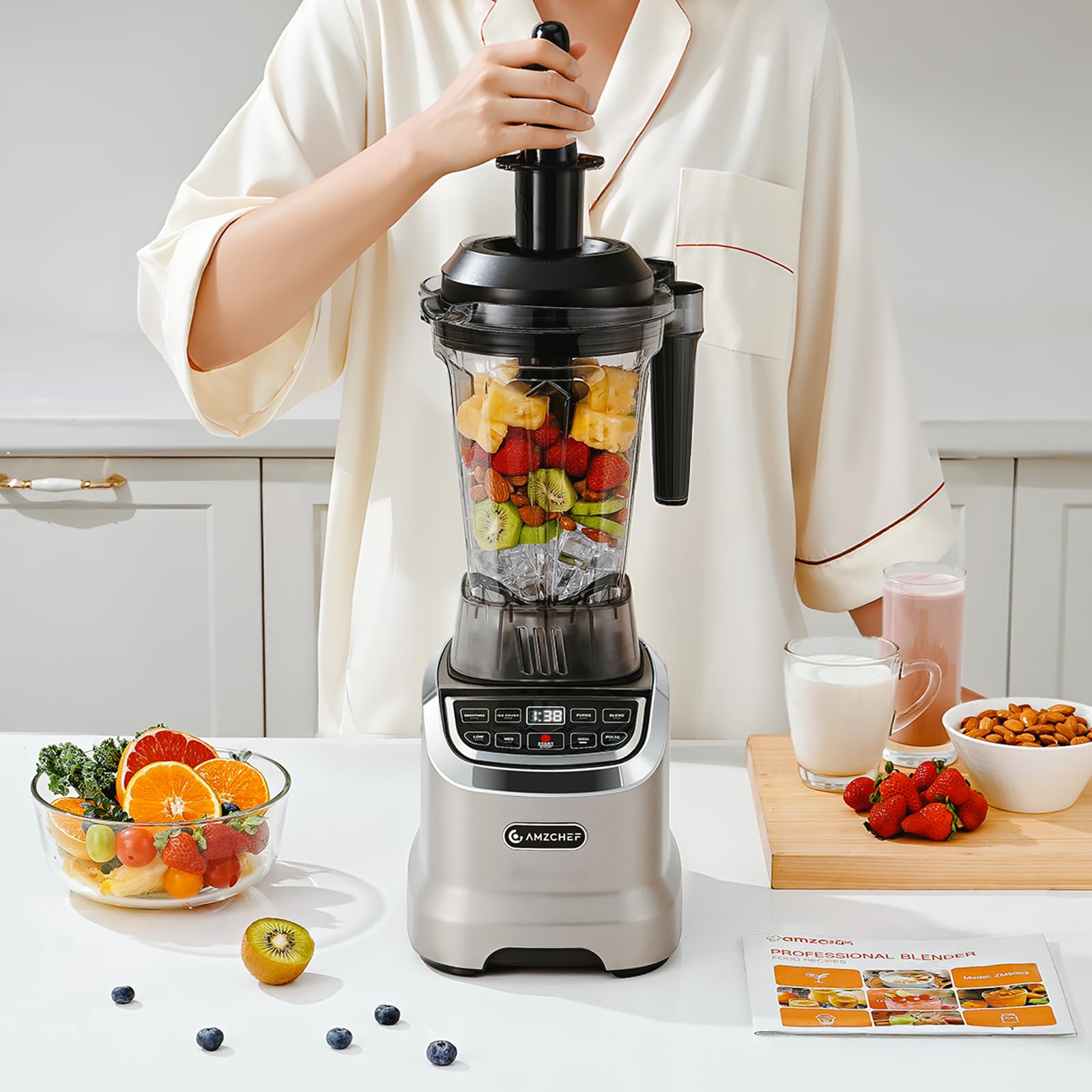 AMZCHEF Batidora de Vaso 2 in 1 con due contenitori di miscelazione, Frullatore Professionale ad alte prestazioni, 1800 Watt, 1,85 litri e 600 ml, blender professionale per smoothie con 6 lame