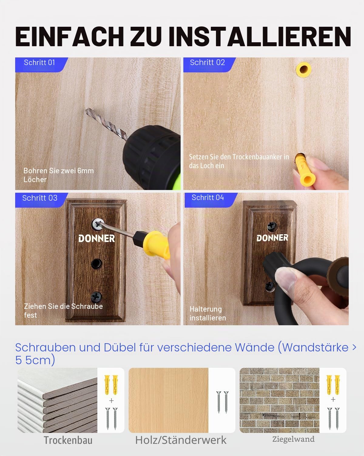 Donner Gitarrenwandhalter, Schwarznuss Gitarren Wandhalterung Gitarrenhalterung Gitarrenhalter Wand Für Gitarre, Bass, Ukulele, Banjo, Mandoline (6 Stück)