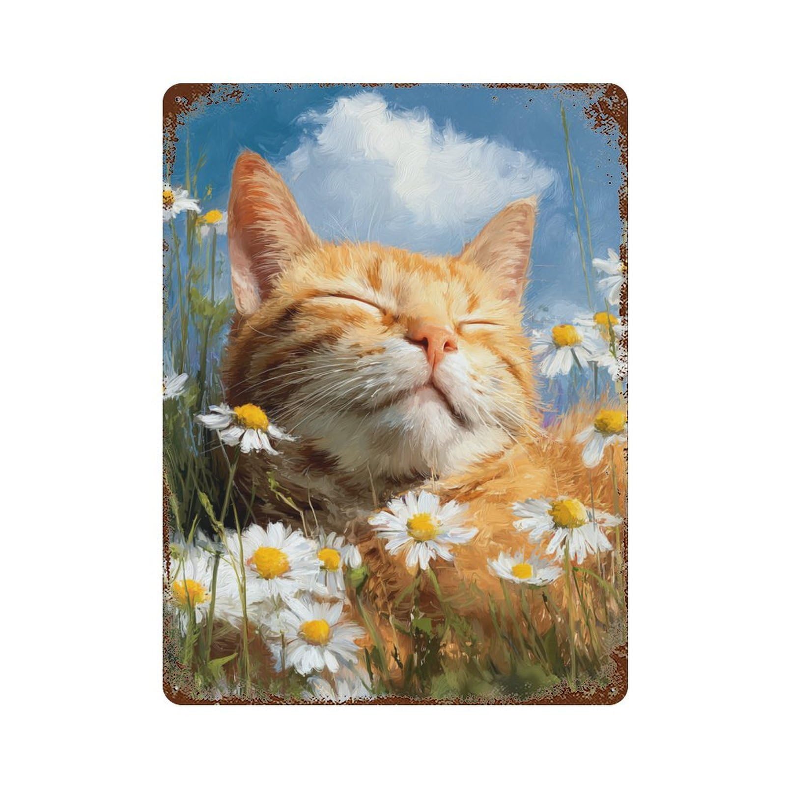 Rust Effect Cat in Daisy Field -1 Rusty Metal Tin Sign 15.7"x11.8", Industrial Home Decor for Living Room, Hallway And Home Decor
