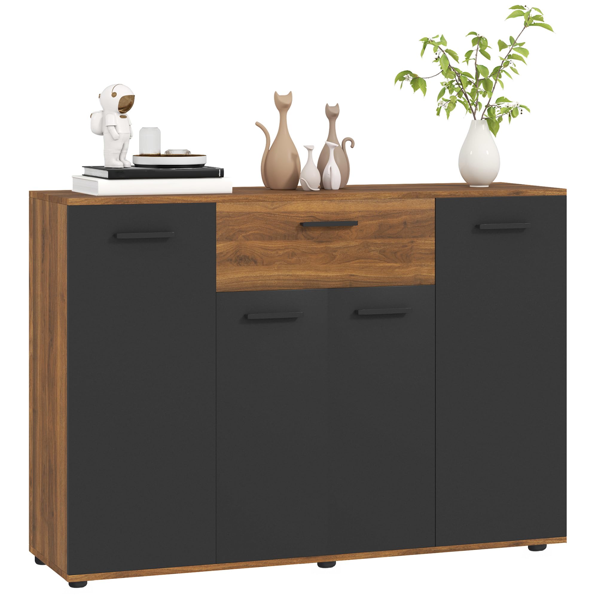HOMCOM Aparador de Almacenamiento 120x35x85cm Marrón y Negro | 4 armarios, cajones, estantes ajustables, mueble de comedor