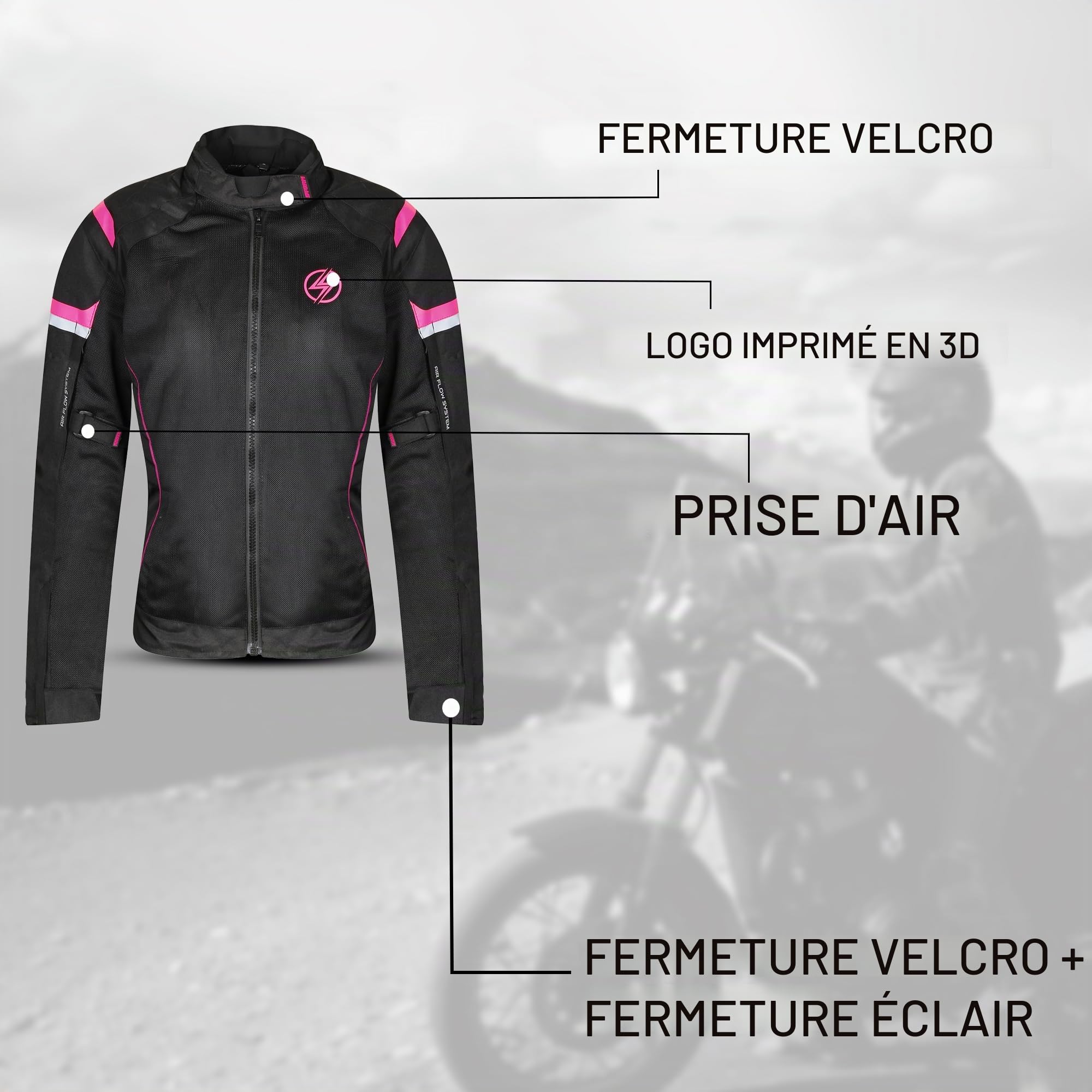 Générique Veste moto été femme Veste de protection respirante avec protections homologuées CE Tissu en maille léger et résistant Noir rose