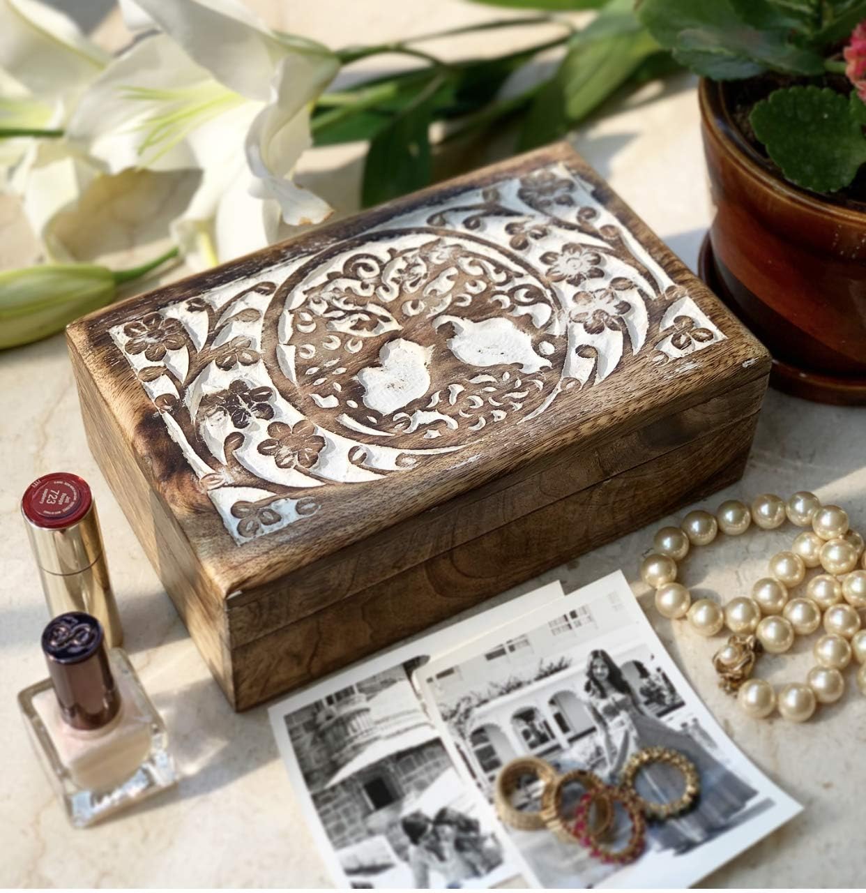 Great Birthday Gift Ideas Handmade Decorative Tree Of Life Wooden Jewelry Treasure Box Jewelry Organizer Treasure Chest Trinket Holder Lock Watch Box (White Wash Finish) - Image 3