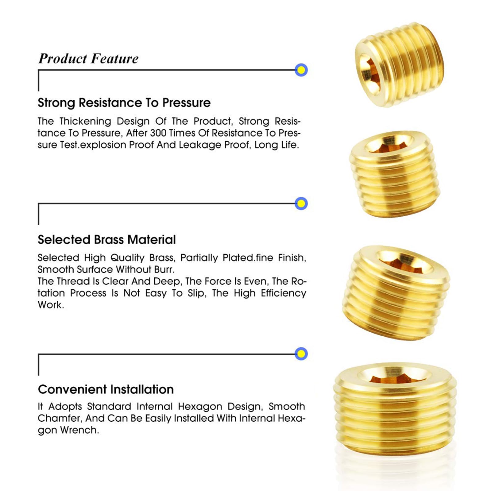 TAILONZ PNEUMATIC Brass Pipe Fitting, Hex Counter Sunk Plug, 1/8" 1/4" 3/8" 1/2" BSP Male Pipe - (Pack of 30) - Image 3
