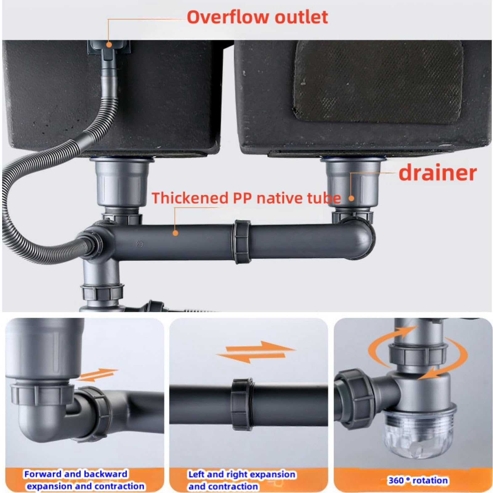 Kit de Drenaje de Cocina para Fregaderos de Doble Seno, Tubo de Desbordamiento de Drenaje de Fregadero Flexible de Metal de 110 Mm con Conector de Junta para Barra de Baño de