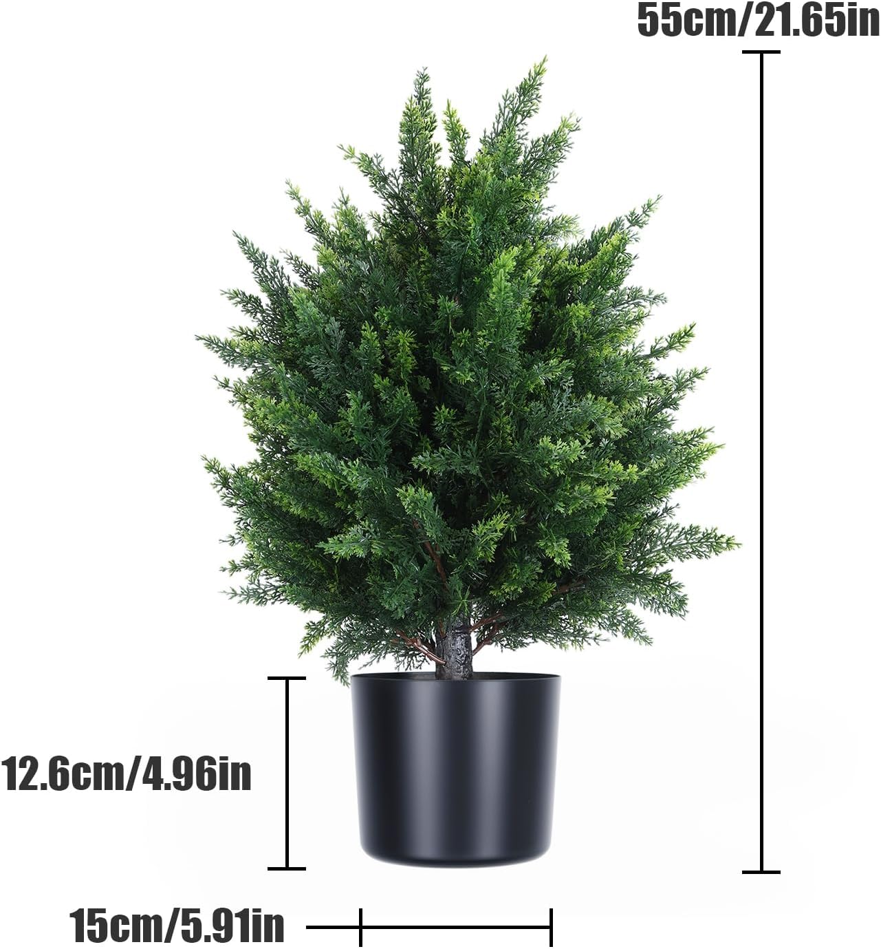2Pcs Fake Shrubs, 21 Inch Simulated Cypress Bonsai, Artificial Cypress Ball Tree, Faux Potted Plants Artificial Shrubs Bushes with Cement Pot for Home Front Porch Decor Green