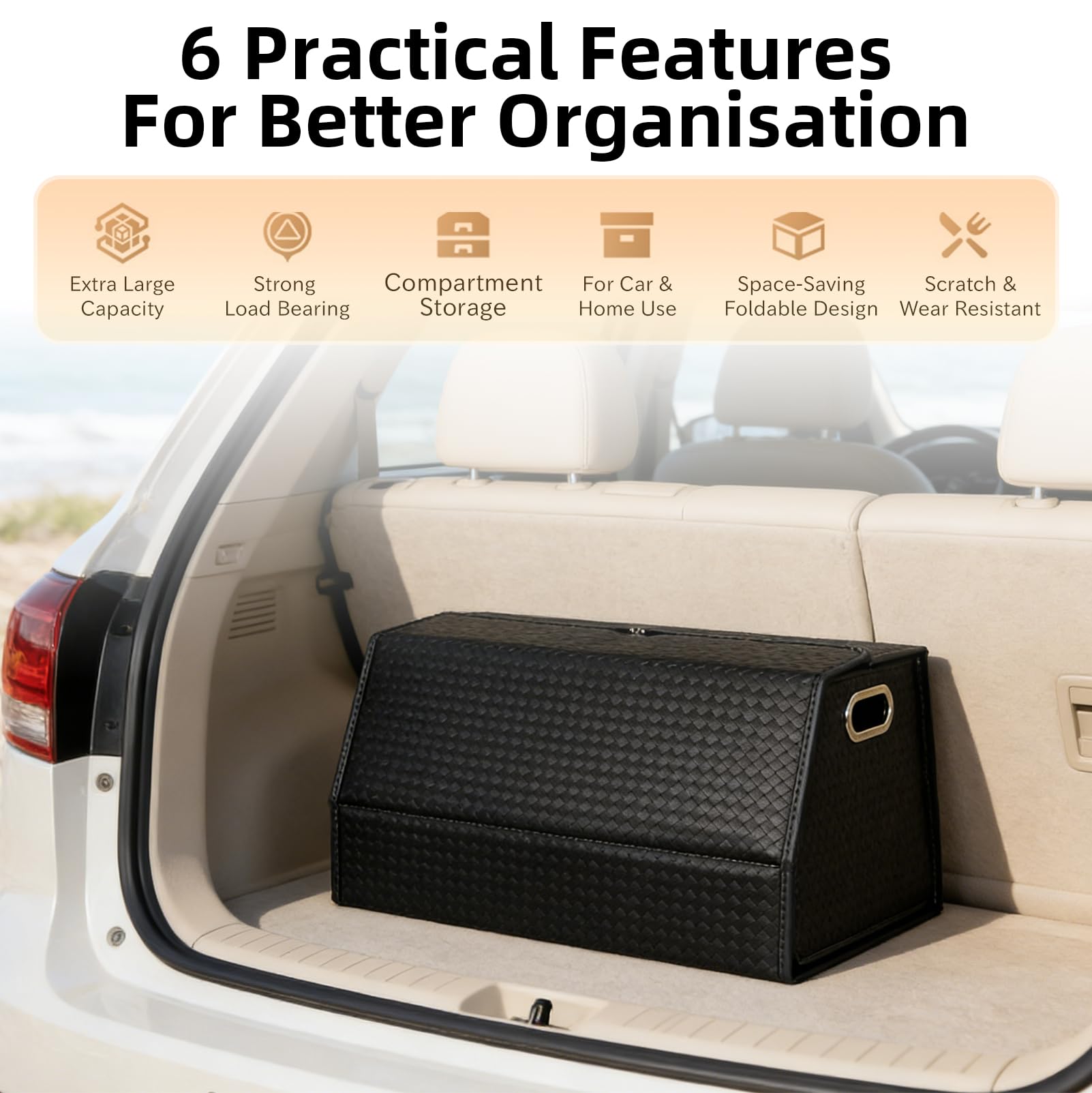 JAOGAUS Organizer per bagagliaio auto, pieghevole, grande contenitore per bagagliaio con divisorio, antiscivolo, in pelle nappa, impermeabile, per auto, SUV a casa