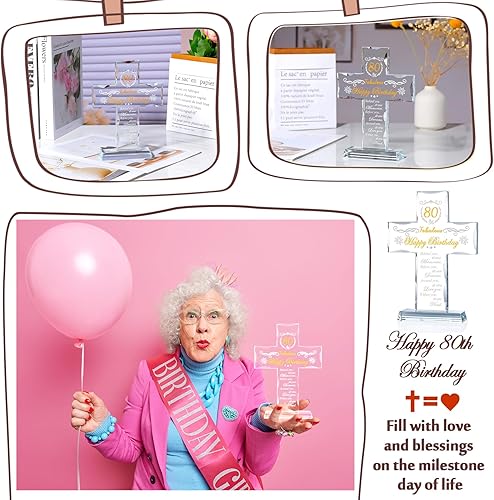 Miniatura 6 de Regalos religiosos de 80 cumpleaños para mujeres, hombres, amigos, abuela y mamá, soporte de cristal grabado con cruz de 80 años de bendición de