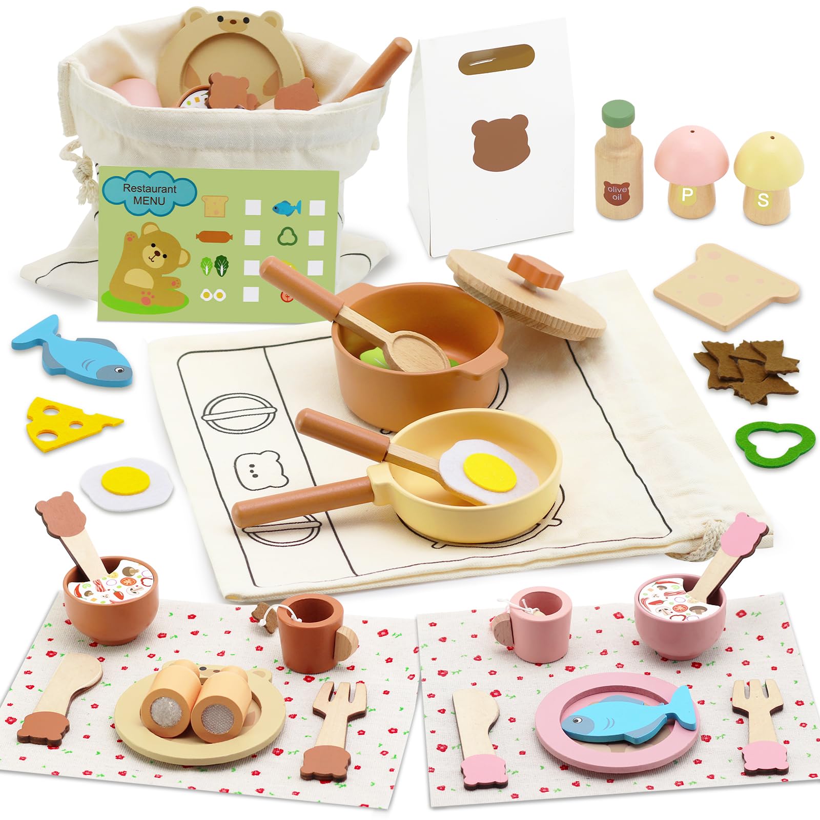 VBACALA Accessori da Cucina in legno per Bambini,46 Pezzi Cucina Giocattolo Legno con Pentole,Stoviglie,Cibi Tagliabili,Borsa Portaoggetti,Regalo Gioco di Ruolo Cucina per Bambini 3+Ragazzi e Bambine
