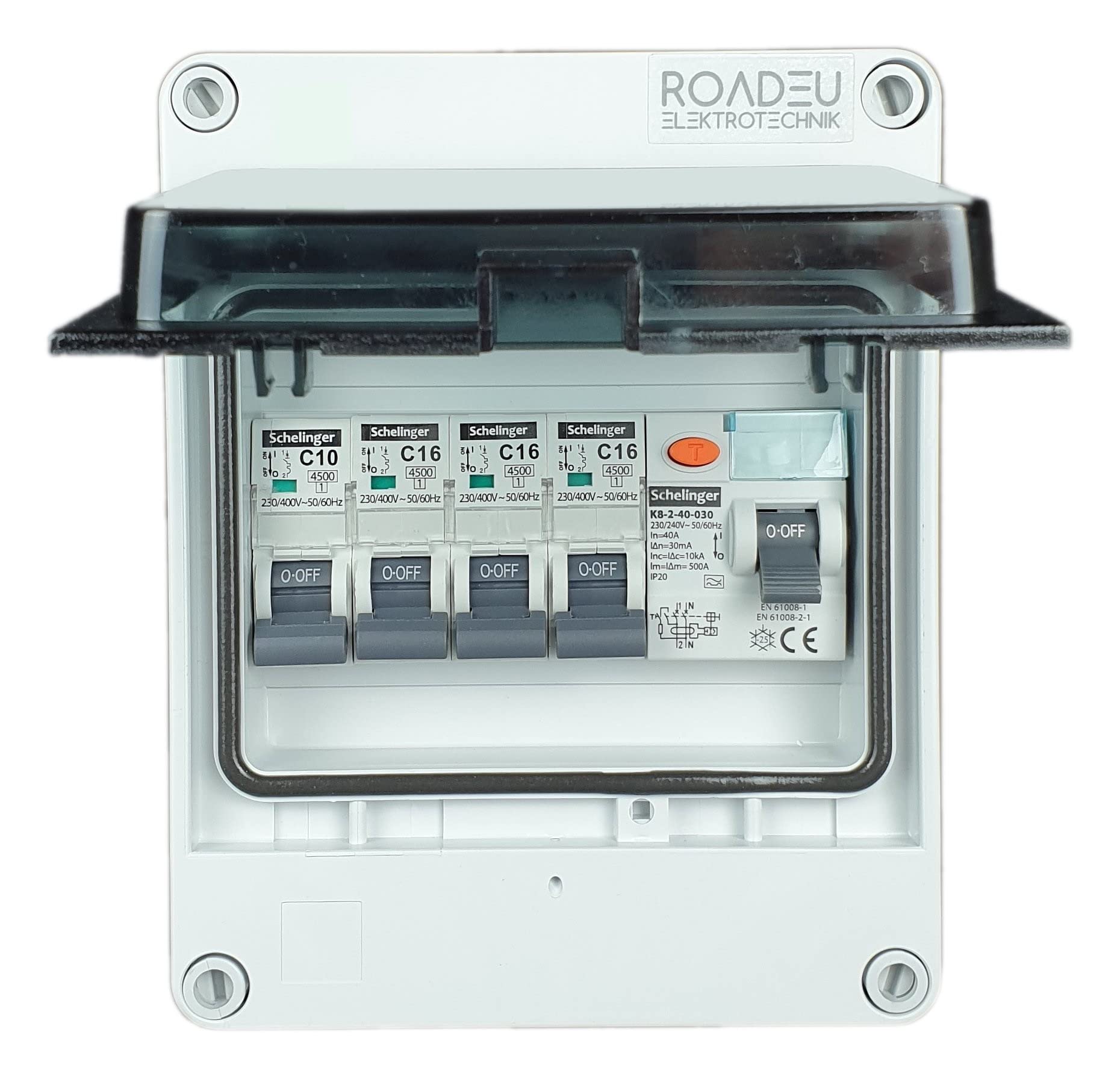 RoadEu - Quadro Elettrico Distributore di corrente - Completo con magnetotermico differenziale 40A 2P - 16A interruttore automatico e 10A C 3+1 in una scatola di distribuzione a parete IP65