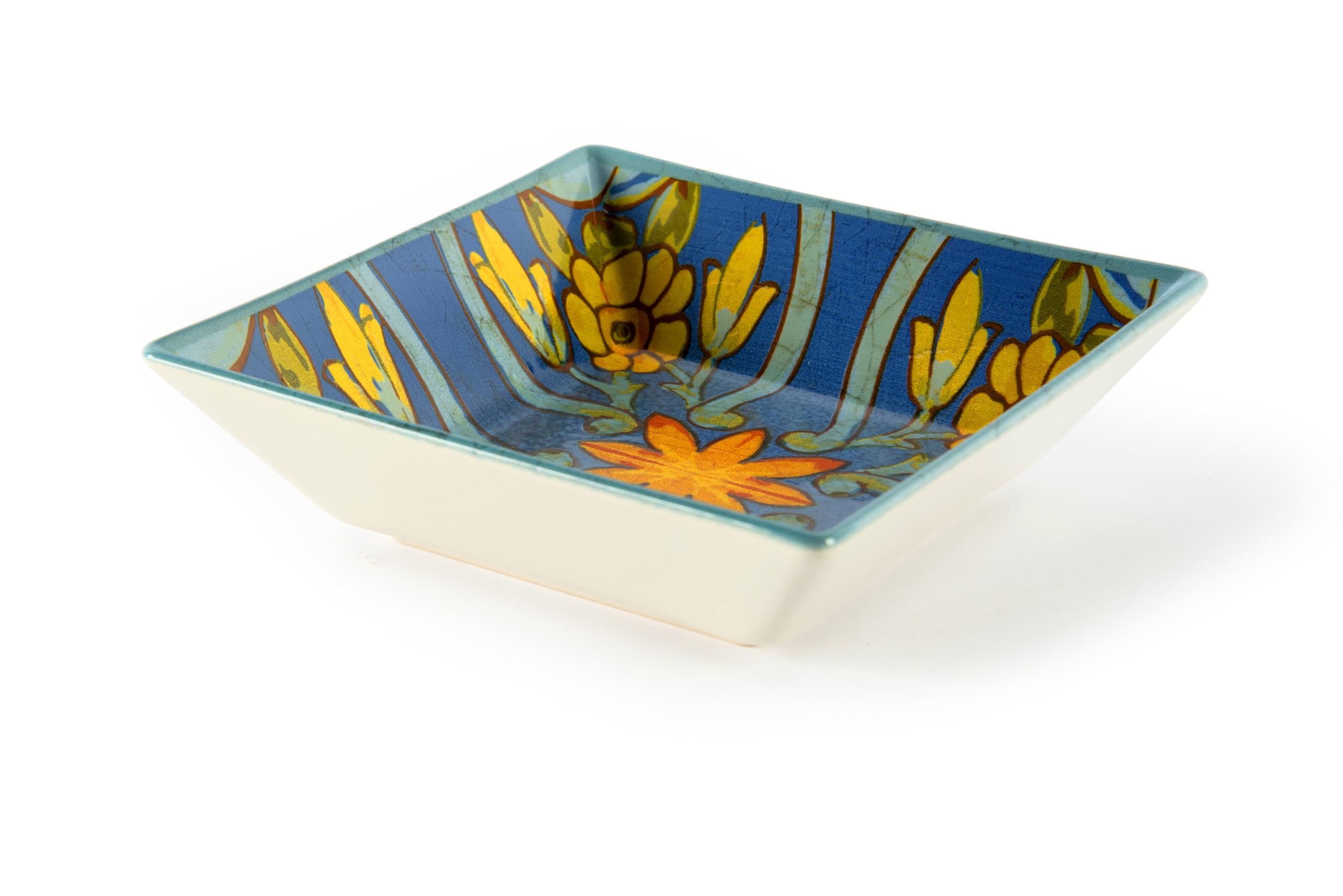 Excelsa Trinacria Lot de 6 assiettes creuses carrées en céramique, décoration florale bleue et jaune