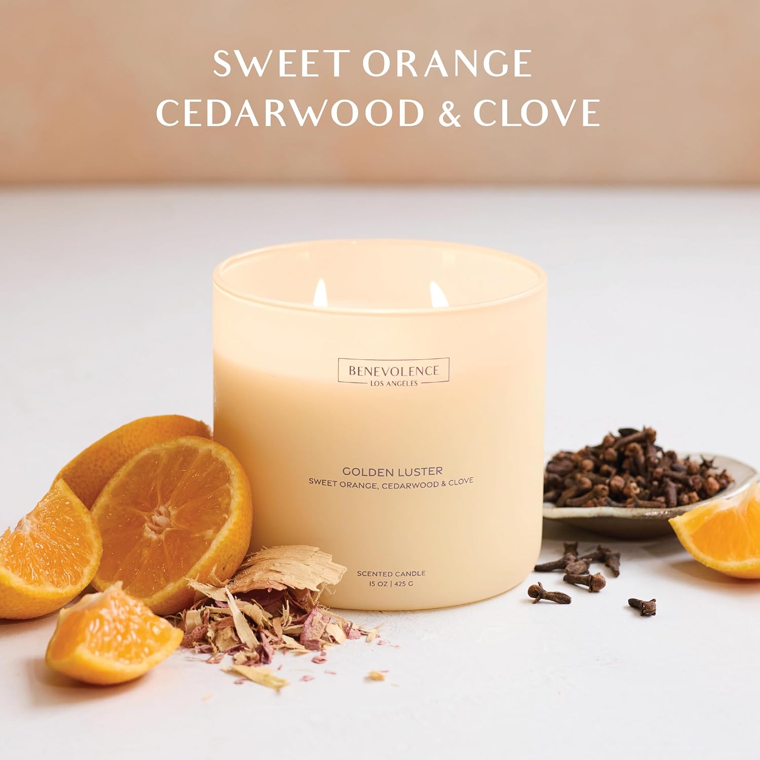 Benevolence La Golden Luster - 15oz Scented Candle and 3.4oz Room Spray Set | Orange, Cedarwood & Clove | Luxury Home Fragrance | Natural Wax, Linen Spray | Malibu Sands Collection