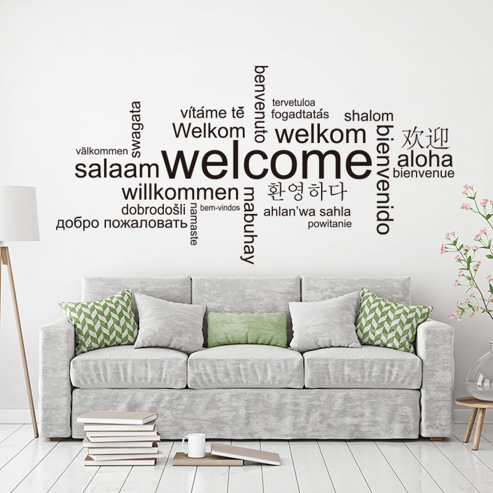 Mobyat Black Welcome In Different Languages Vinyl Decal Wall Sticker Living Room Hello Quote Family Words Decor Mural,,85X43cm