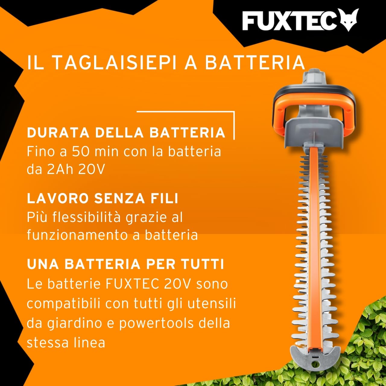 Fuxtec Tagliasiepi a Batteria 20V FX-E1HS20 - Kit incl. Batteria e Caricabatterie -Lunghezza di Taglio di 520mm per Rami Fino a 15mm di Diametro- Una Batteria per Tutti i dispositivi a 20V.