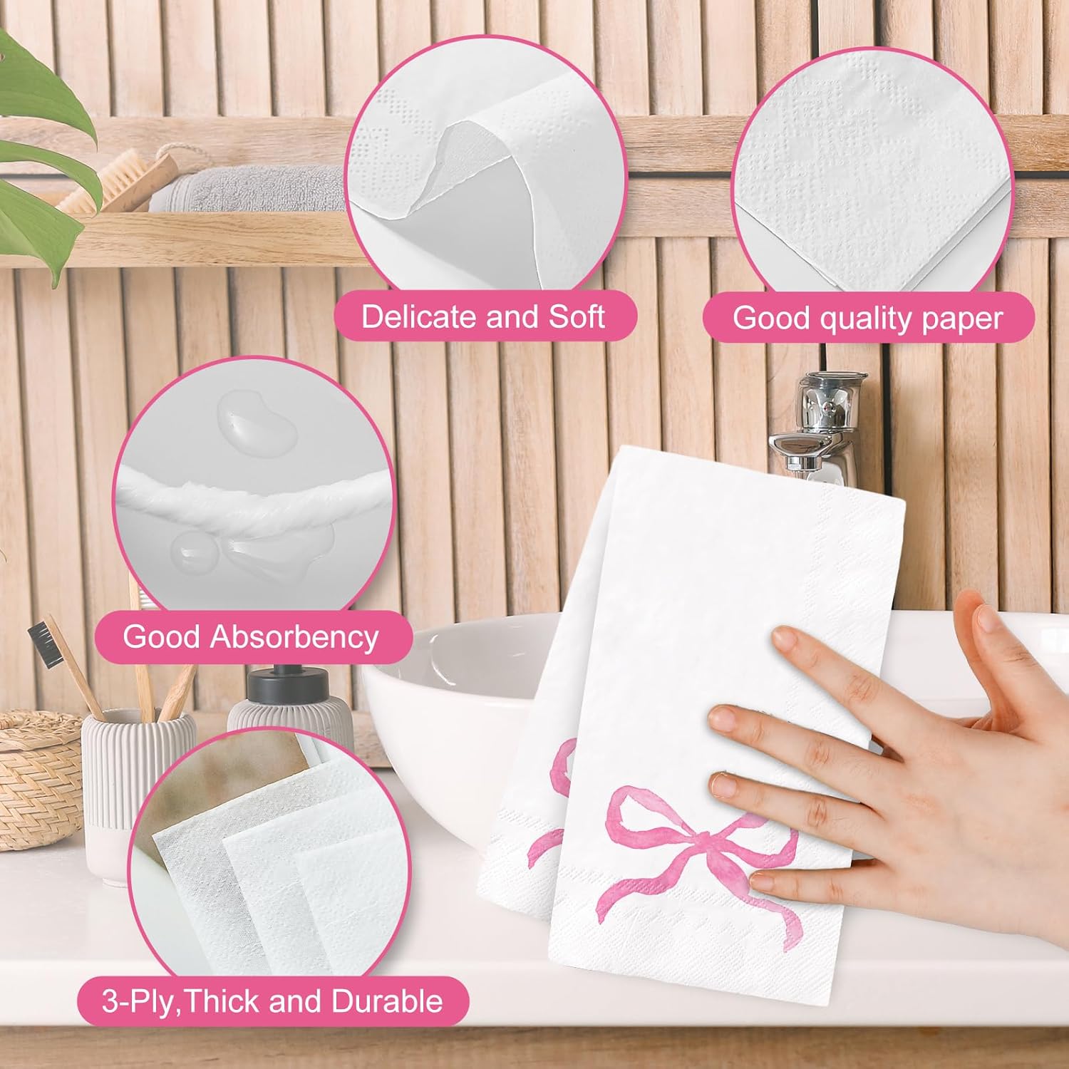100Pcs Pink Bow Paper Guest Napkins Watercolor Bowknot Bathroom Napkin Disposable Hand Towel Napkin for Home Party Supplies - Image 6