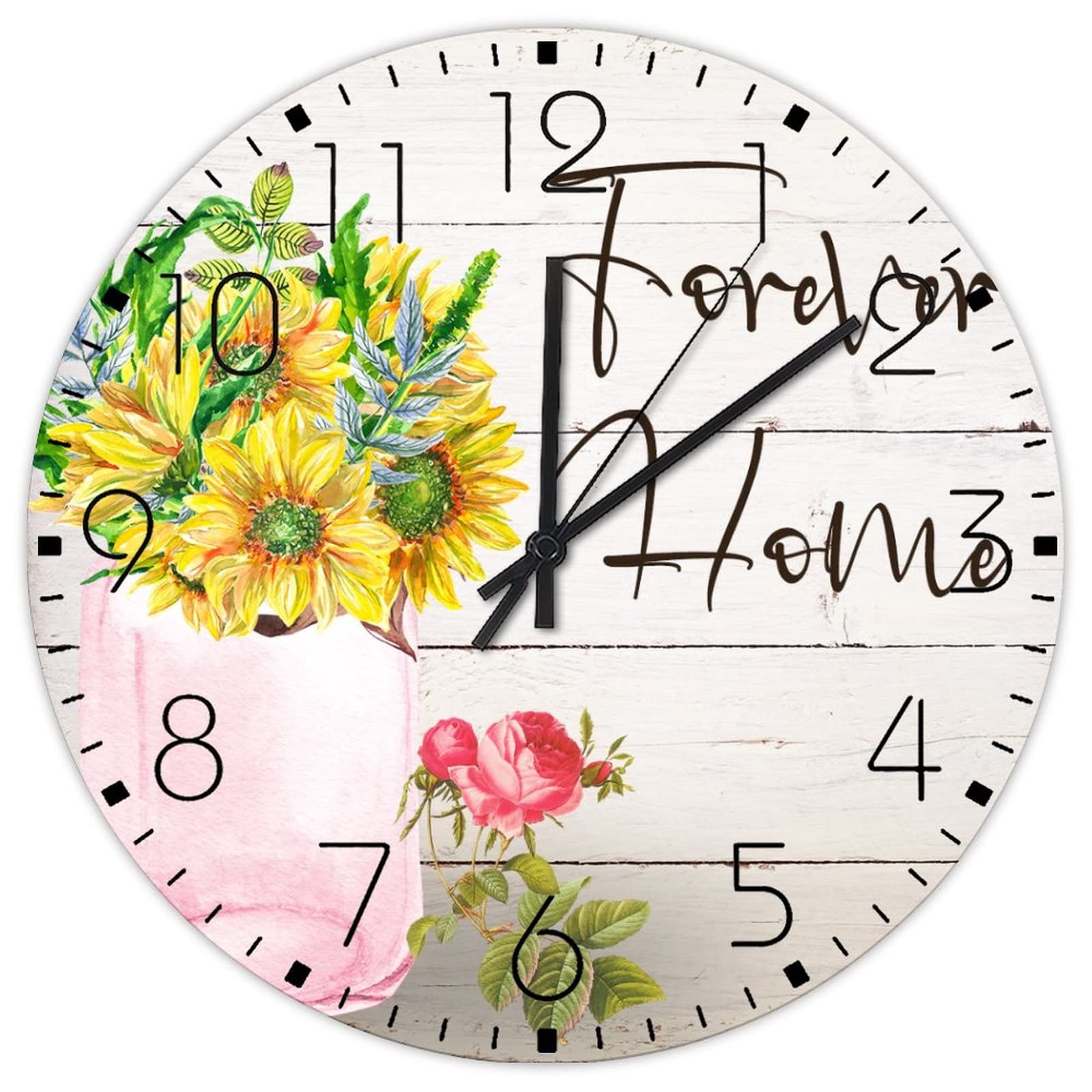 Horloge murale en bois sans tic-tac décorative florale Forever Home