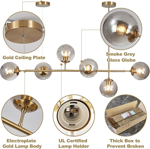 Miniatura 3 de KCO Lighting Lámpara de Araña Sputnik Moderna de Globo de 6 Luces Latón Dorado Lámpara de Araña Colgante Lineal Iluminación de Cristal Ahumado