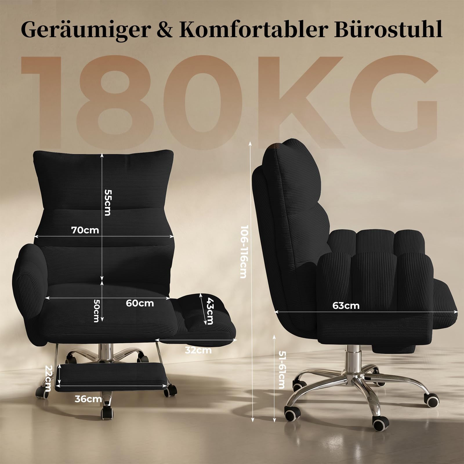 HOMRELEXA Bürostuhl, Schreibtischstuhl mit Fußstütze, klappbaren Armlehnen, 90°–135° Verstellbarer Rückenlehne, extra breiter 60-cm-Sitzfläche für Schneidersitz, ergonomischer Gamingstuhl, Schwarz | Klappbaren Armlehnen, Ausziehbarer Fußstütze, 90°–135° V