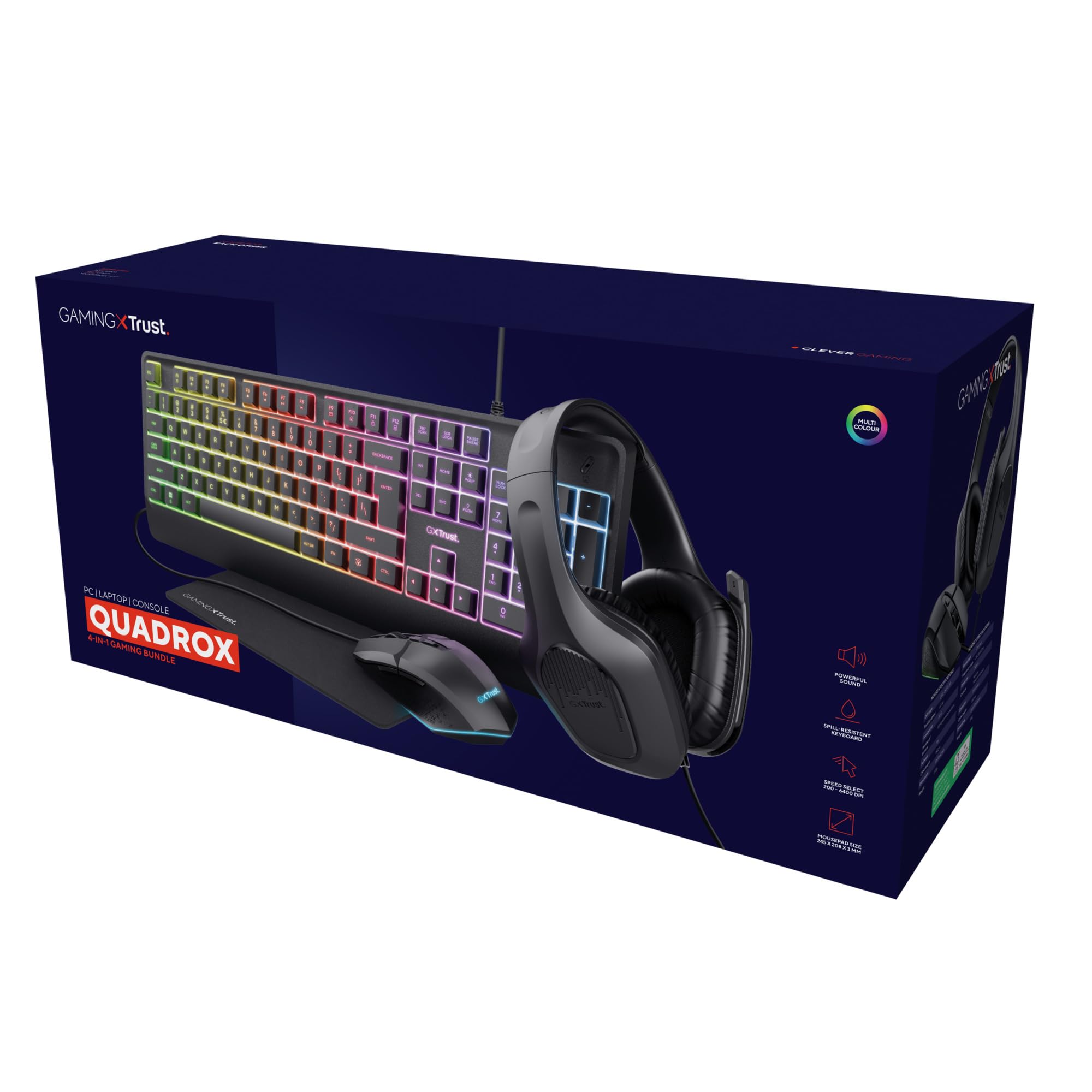 Trust Gaming GXT 792 Quadrox Kit 4-in-1 Mouse e Tastiera Gaming, Layout Italiano QWERTY, Cuffie con Microfono Leggere Jack Audio 3.5 mm, Tappetino, Bundle Pacchetto Gamer RGB per PC, Laptop - Nero