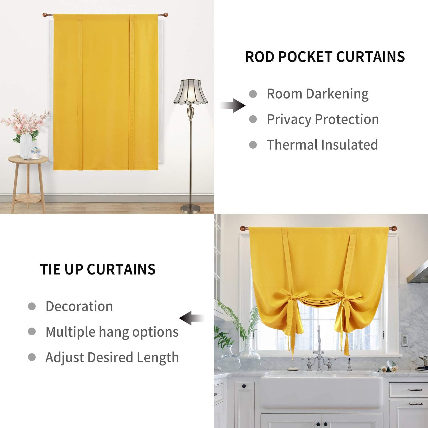 DWCN Tie Up Curtain-Thermal Insulated Room Darkening Blackout Curtains for Livingroom, Bedroom and Dining Room, Yellow, W42 X L63 Inches, 1 Rod Pocket Panel
