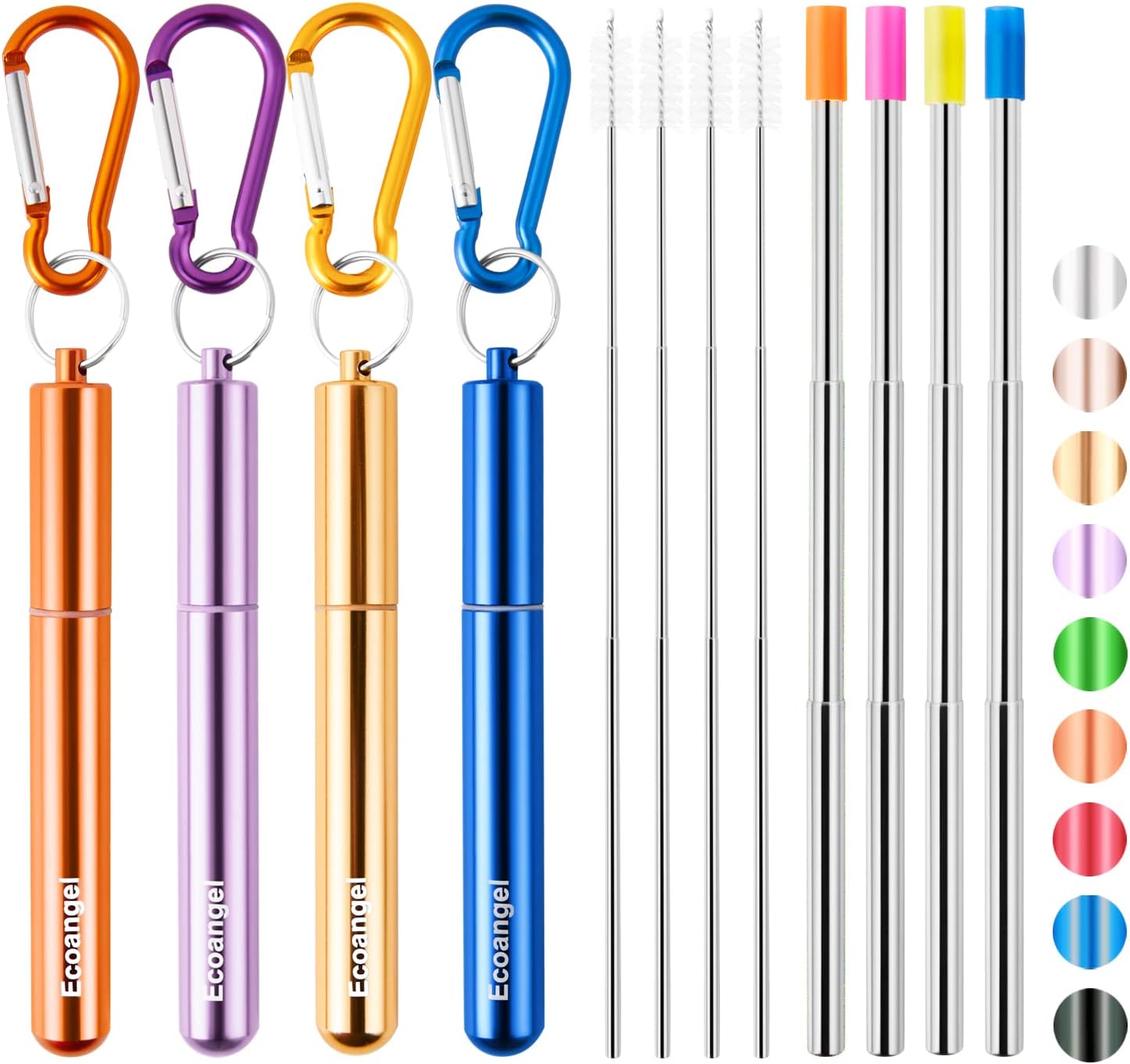 Cruise Ship Essentials,4-Pack reusable Collapsible Stainless Steel Drinking Straws with Aluminum Case,Cleaning Brush,and Keychains (Gold & purple & orange & blue)