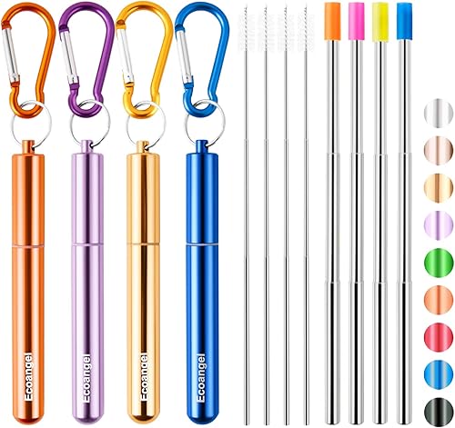 Miniatura 10 de Cruise Ship Essentials, paquete de 4 popotes plegables reutilizables de acero inoxidable con estuche de aluminio, cepillo de limpieza y llaveros