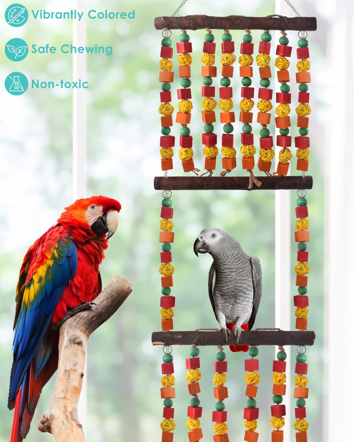 DBNESS Giocattoli per pappagalli extra large da 109,2 cm, blocchi di legno multicolore da masticare con palline e posatoi in rattan per ara, grigi africani, cokatoos, pappagalli amazzonici e