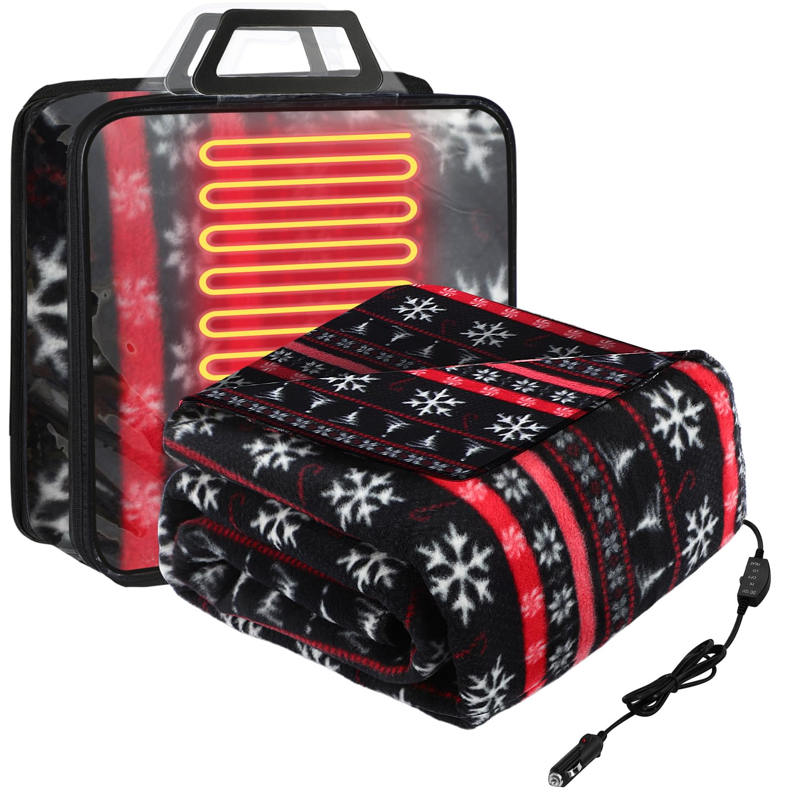 Tuanse 58x43 Inches 12v Heated Car Blanket Plug in, Red Black, Snowflakes