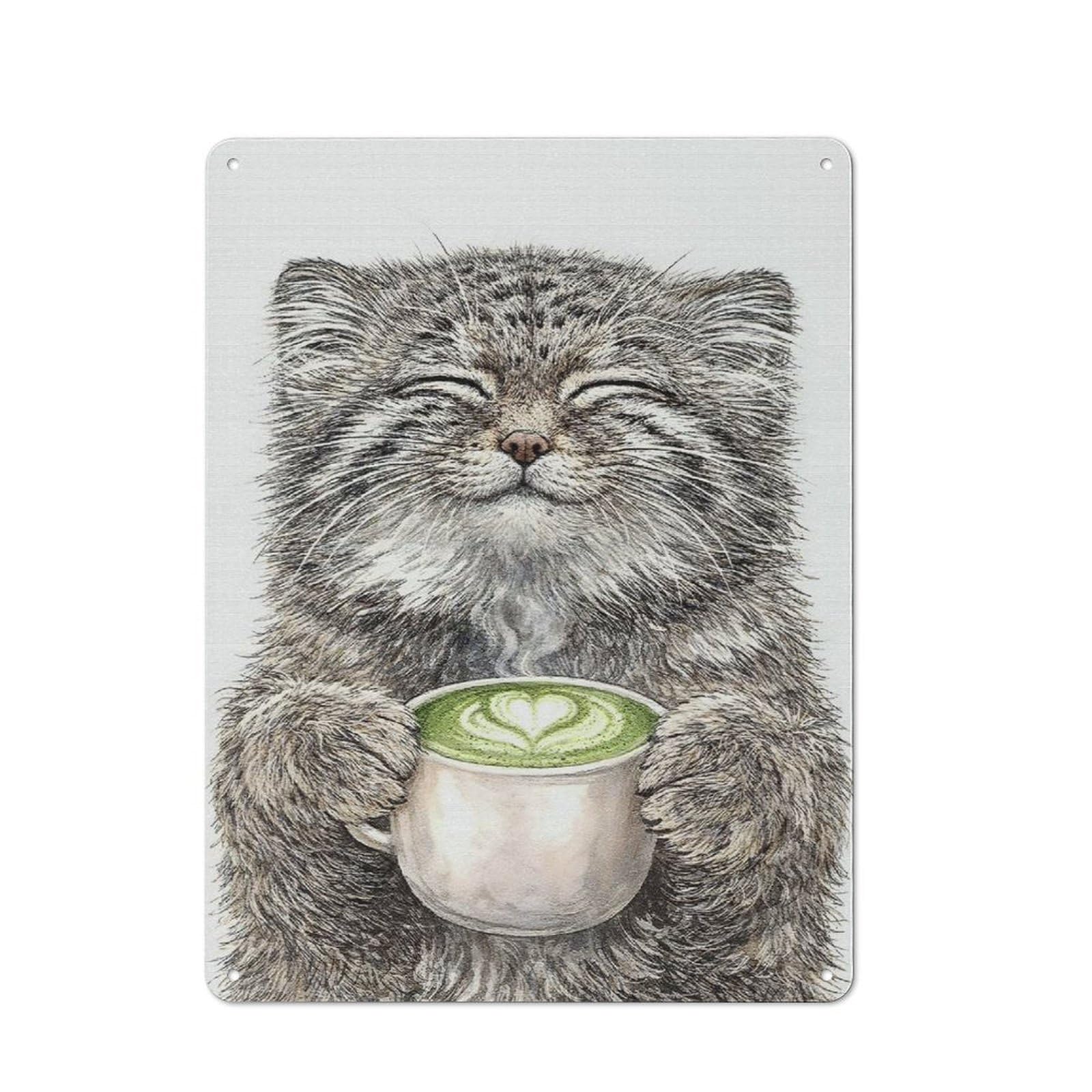 Metal Plaque with Pallas Cat with Matcha Latte Design 40x30cm, Retro Kitchen Wall Decor for Bakery, Diner, Cafe Or Family Room