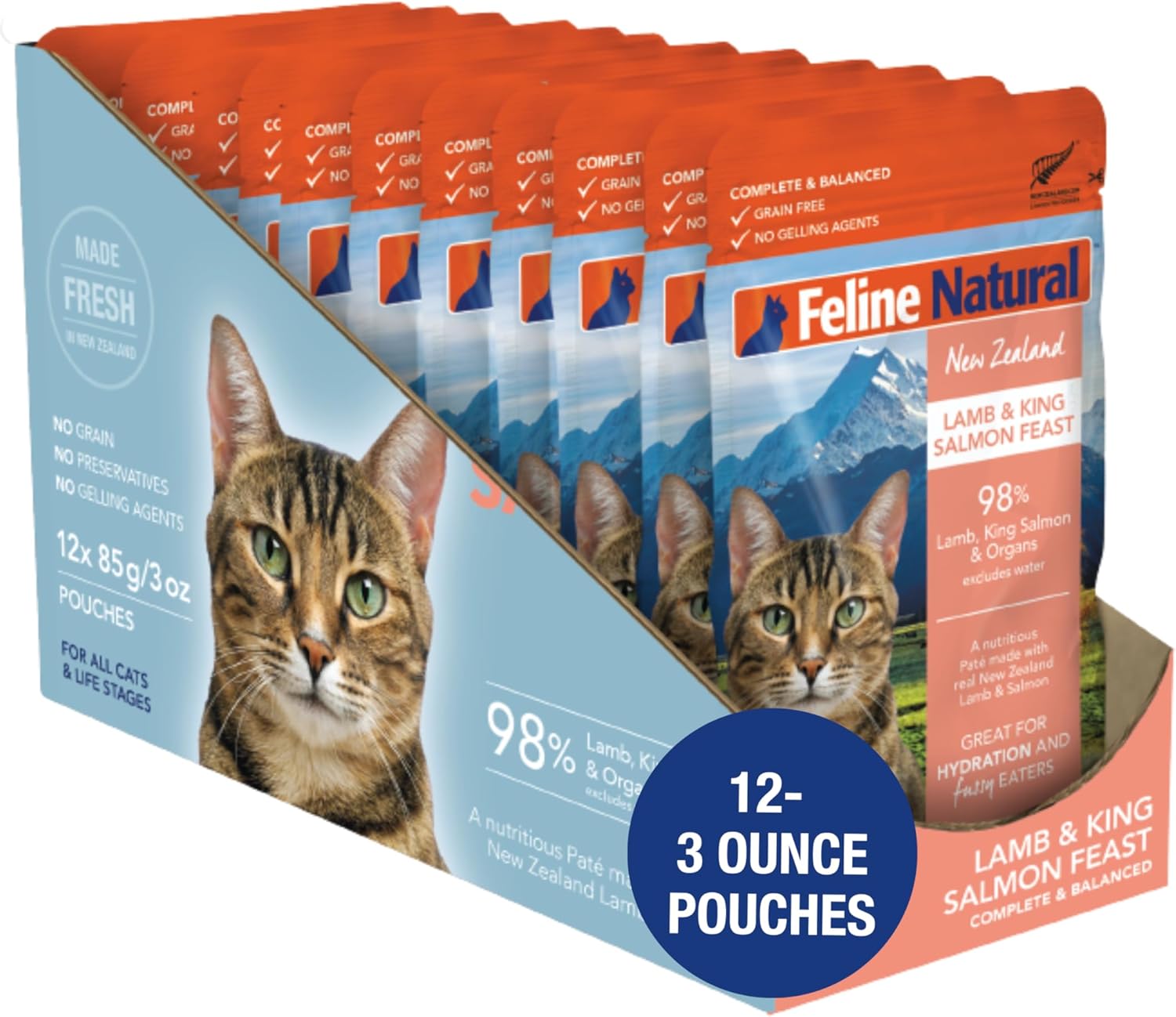 Feline Natural New Zealand Pâté Wet Cat Food Pouch, High-Meat, Low-Carb, & Grain Free Cat Food Wet, Lamb & King Salmon, 3 oz, Pack of 12