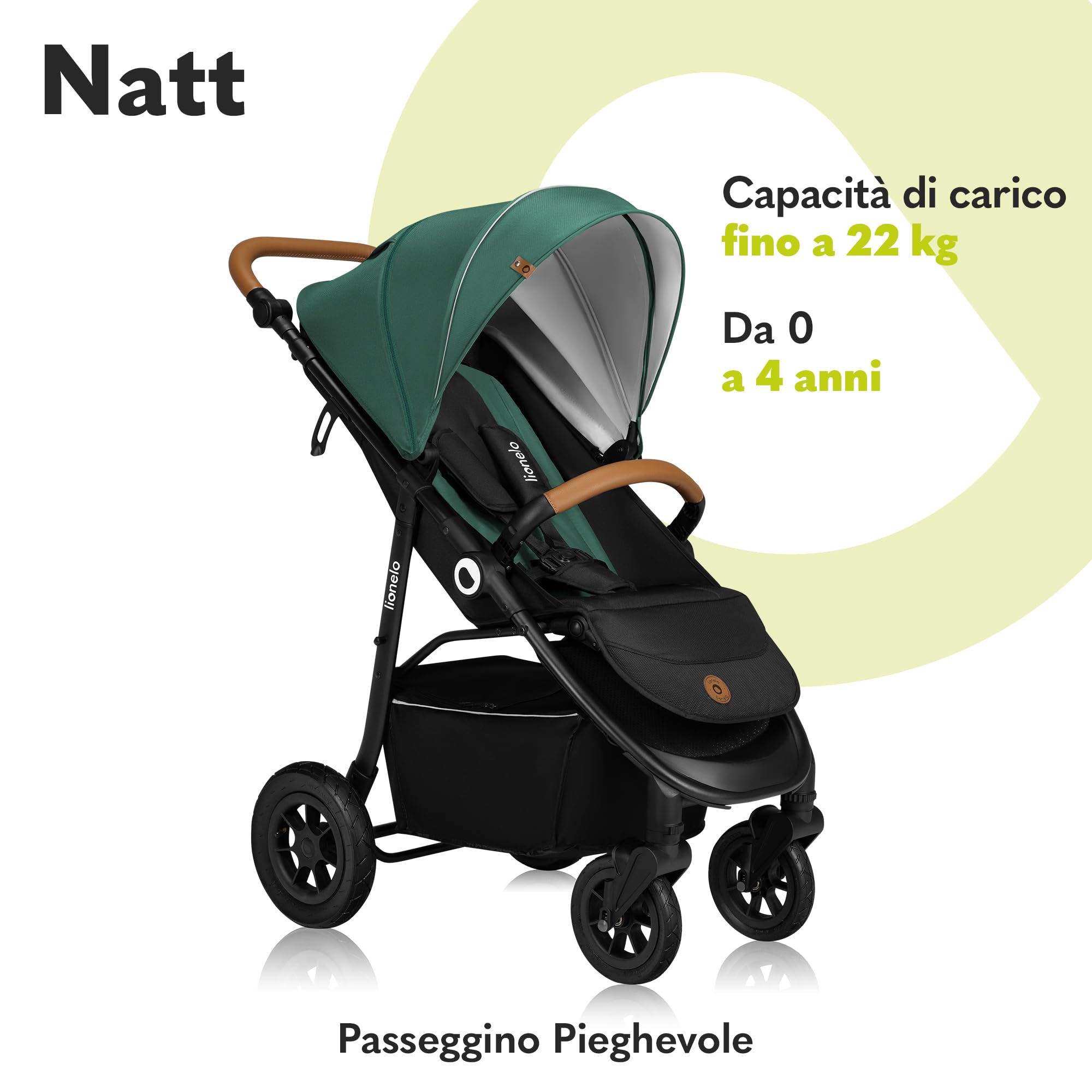 LIONELO Natt Passeggino Compatto Pieghevole per Bambini Da 0 fino a 22 kg | Dalla Nascita, Schienale Reclinabile, Poggiapiedi Regolabile, Cinture a 5 Punti, Grandi Ruote, Sospensioni, Cappottina XXL