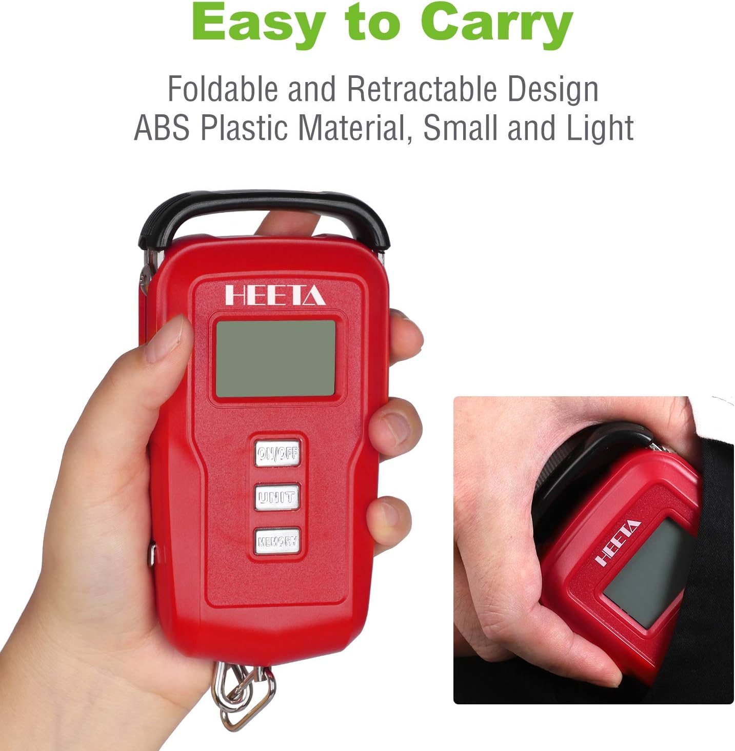 HEETA Fish Scale Upgraded Memory Function with Backlit LCD Display, Digital Portable Hanging Scale with Measuring Tape for Home and Outdoor Use, 2 AAA Batteries (Red) : Sports & Outdoors
