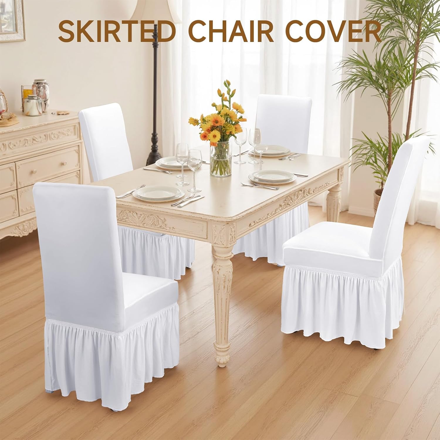 Dining Chair Covers Set of 4 Stretch Super Fit Chair Slipcovers with Skirt for Dining Room Washable Spandex Chairs Covers for Banquet/Wedding/Kitchen (White, 4)