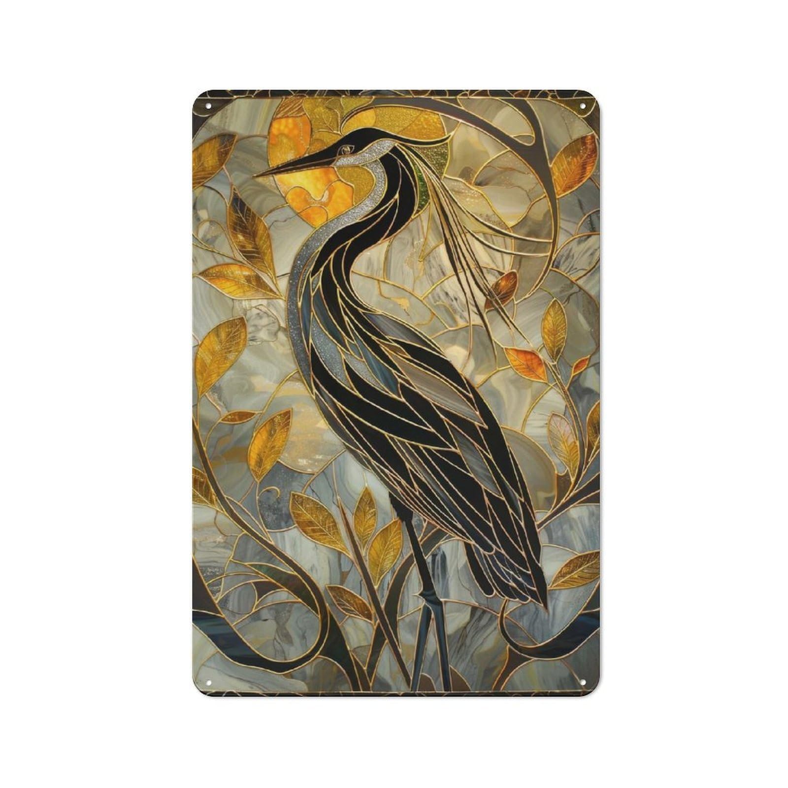 Junmoney Kintsugi Heron Stained Glass Old Style Vintage Metal Sign 30X20cm, Bar Wall Plaque For Pub, Home Bar, Shed Or Man Cave