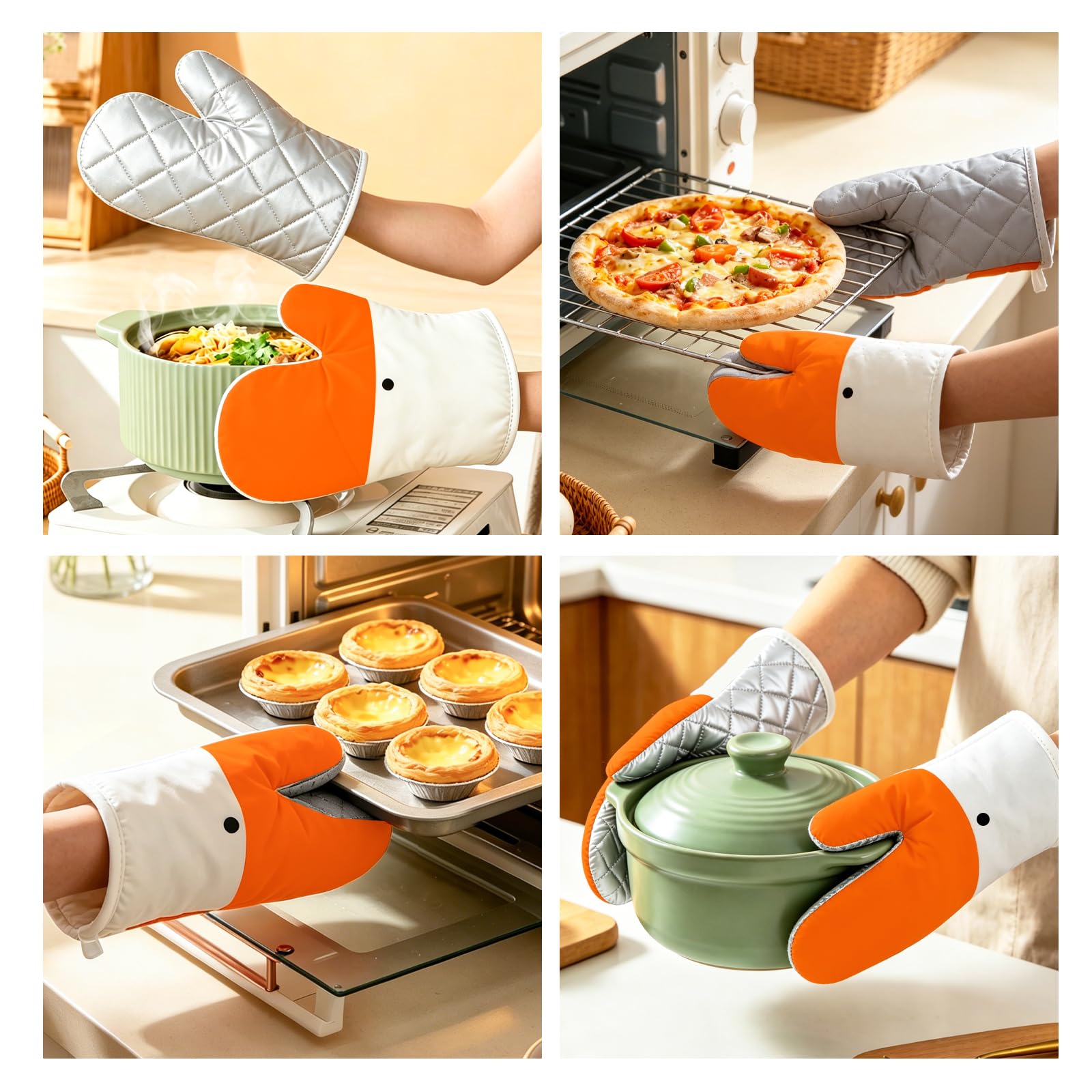 Goose Ofenhandschuhe und Topflappen, 4-teiliges Set, hitzebeständige Küchenhandschuhe, lustige Tier-Ofenhandschuhe, recycelte Baumwollfüllung, Silikon, rutschfeste Handschuhe zum Kochen, Backen