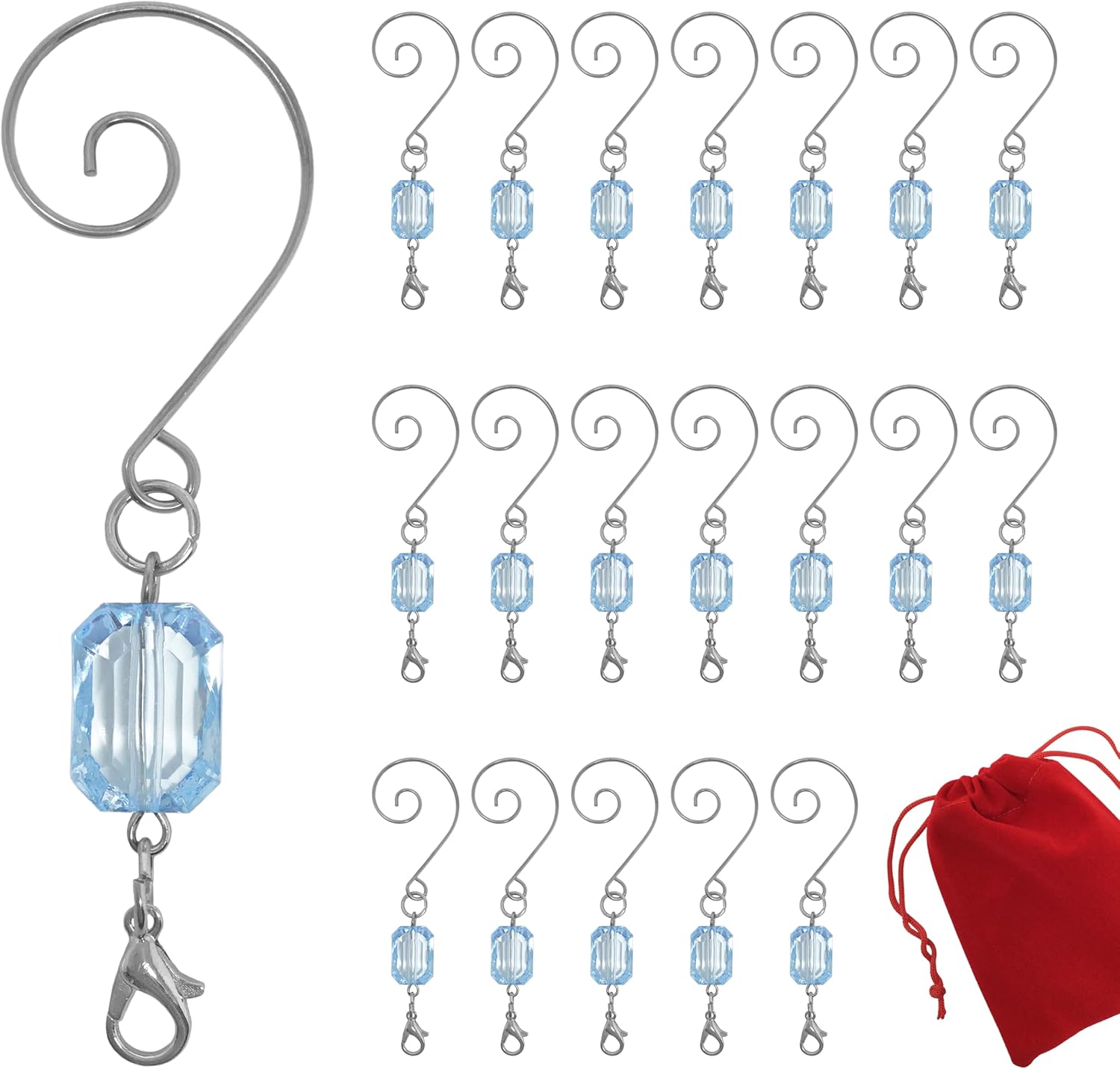 BANBERRY DESIGNS Christmas Ornament Hooks - Light Blue Acrylic Jewel - Silver Wire Ornament Hooks - Pack of 60 - Includes Handy Storage Bag - 3" L