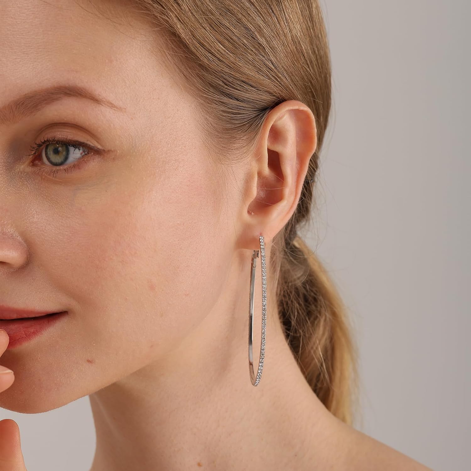 PRETOLE 925 Sterling Silver Hoop Earrings Rhinestone Large Silver Hoop Earrings Oval Big Hoops Earrings for Women Lightweight Hypoallergenic Extra Large Silver Hoops Earrings for Women (50/60/70MM) - Image 2