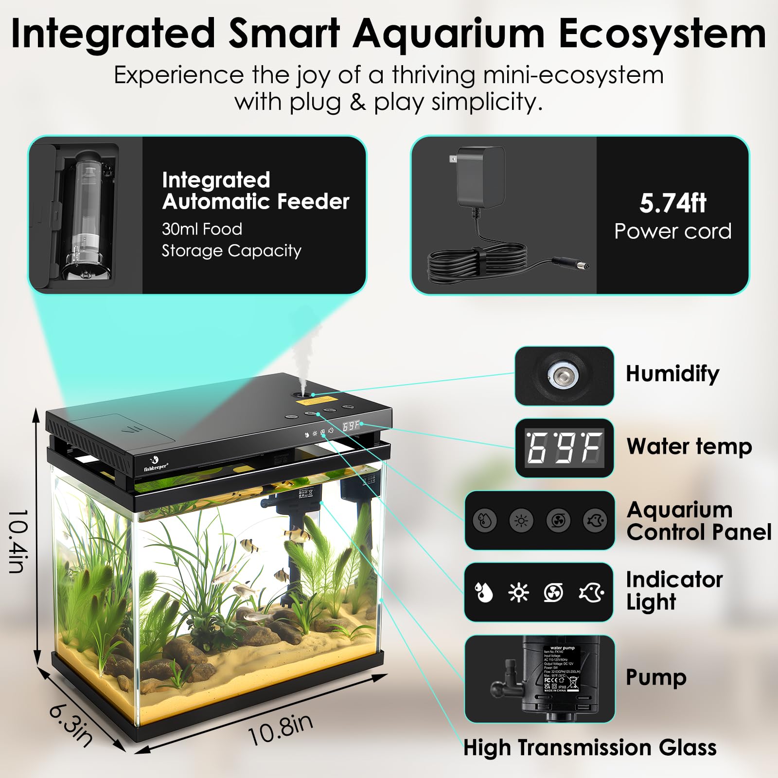 fishkeeper 5-in-1 Mini Aquarium Starterset mit LED, Timed Feeding & Selbstreinigende Pumpe & Filter, 8.6L Nano Aquarium Komplettset, Smart Klein Aquarien Set komplett mit Aromatherapie, Luftbefeuchter