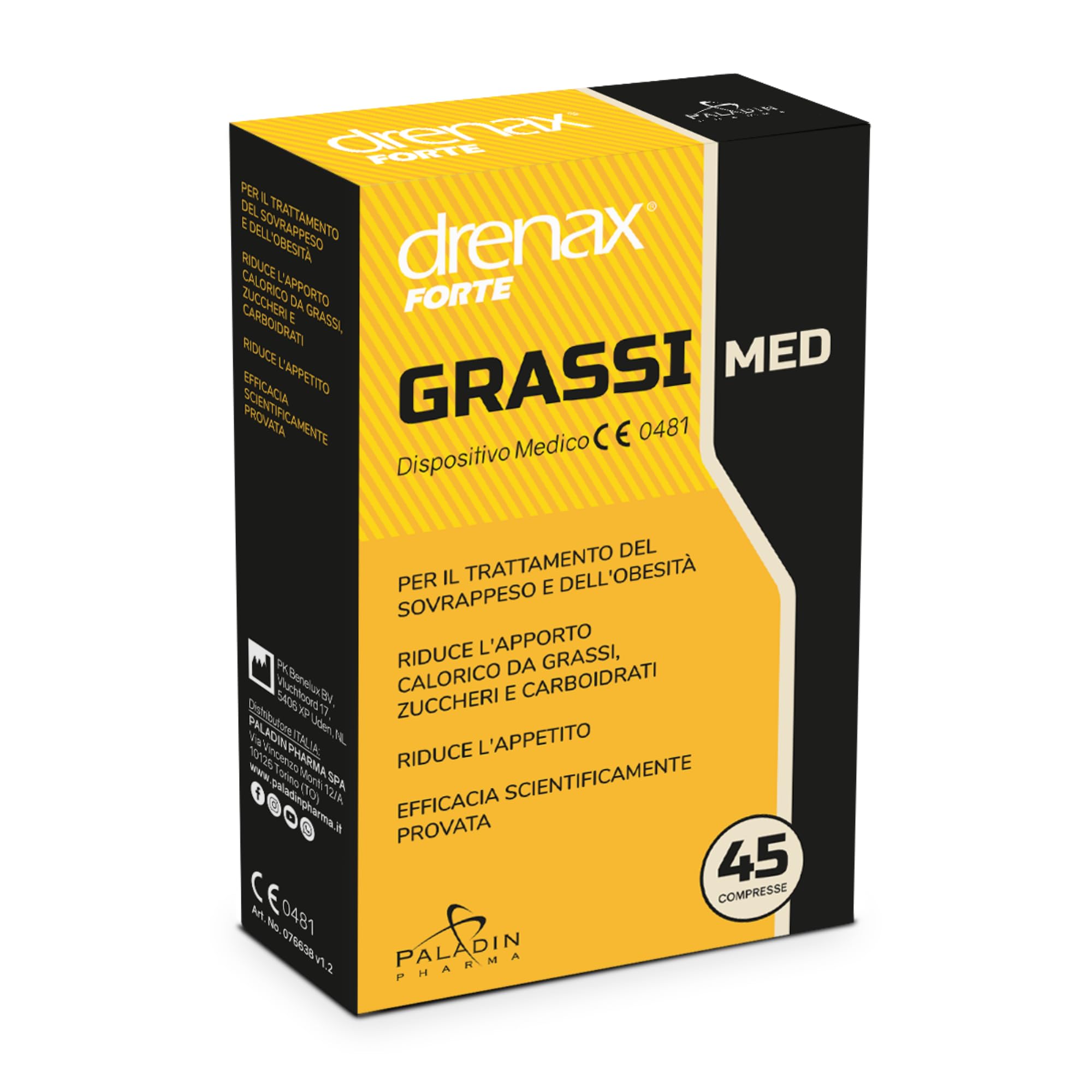 Drenax Forte Grassi Med – Dispositivo Medico CE 0481 – Riduce l’Assorbimento di Grassi, Zuccheri e Carboidrati – Supporto nel Trattamento del Sovrappeso – 45 Compresse
