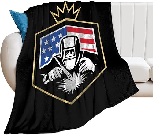 Manta grande de franela suave y acogedora con bandera de soldador estadounidense de soldadura, manta cálida y duradera