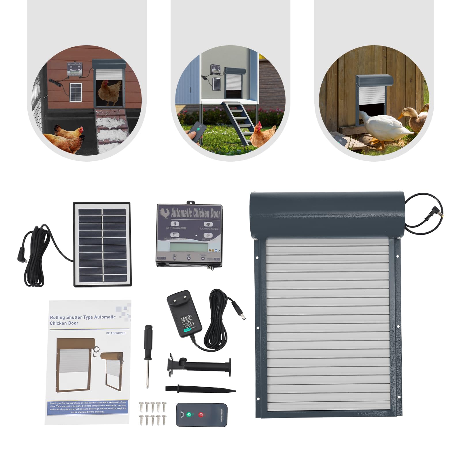 Automatische Hühnerklappe, Hühnerklappe Solar mit Fernbedienung Timer LCD Display, Wasserdicht Hühnerklappe Hühnerstall Zubehör für Hühner, Gänse, Enten (Grau)