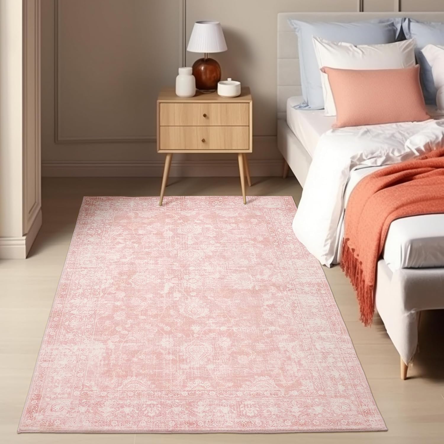 FROZZUR 3x5 Pink Washable Rug - Vintage Floral Low Pile Area Rug for Bedroom, Girls Room, Entryway - Soft Bedside Accent Carpet for Office or Kids Room