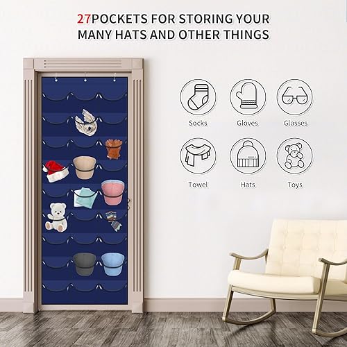 Miniatura 8 de Perchero para gorras de béisbol, 27 bolsillos sobre la puerta, organizador de gorras de béisbol, almacenamiento de sombreros para armario, bolsa de