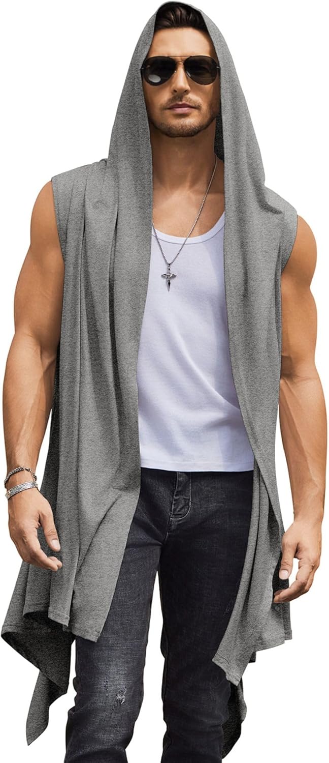 COOFANDY Men's Long Hooded Cardigan Sleeveless Ruffle Shawl Collar Lightweight Open Front Drape Kimono Vest
